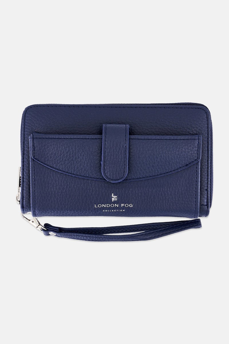 London Fog Women Brand Logo Felicity Pebble Zip Around Wristlet Wallet, Navy - Image 1