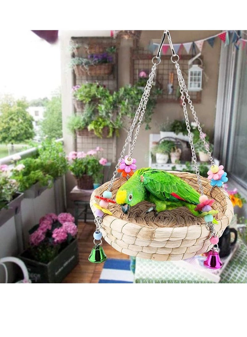 SYOSI لعبة طيور الببغاء، ألعاب مضغ الطيور، أرجوحة للطيور، لعبة عض للببغاء، ألعاب طيور مصنوعة يدويًا من القش مع 4 أجراس معدنية للببغاوات، الكوكاتيل، الكونور، المكاو، الببغاوات، الفينشات - Image 3