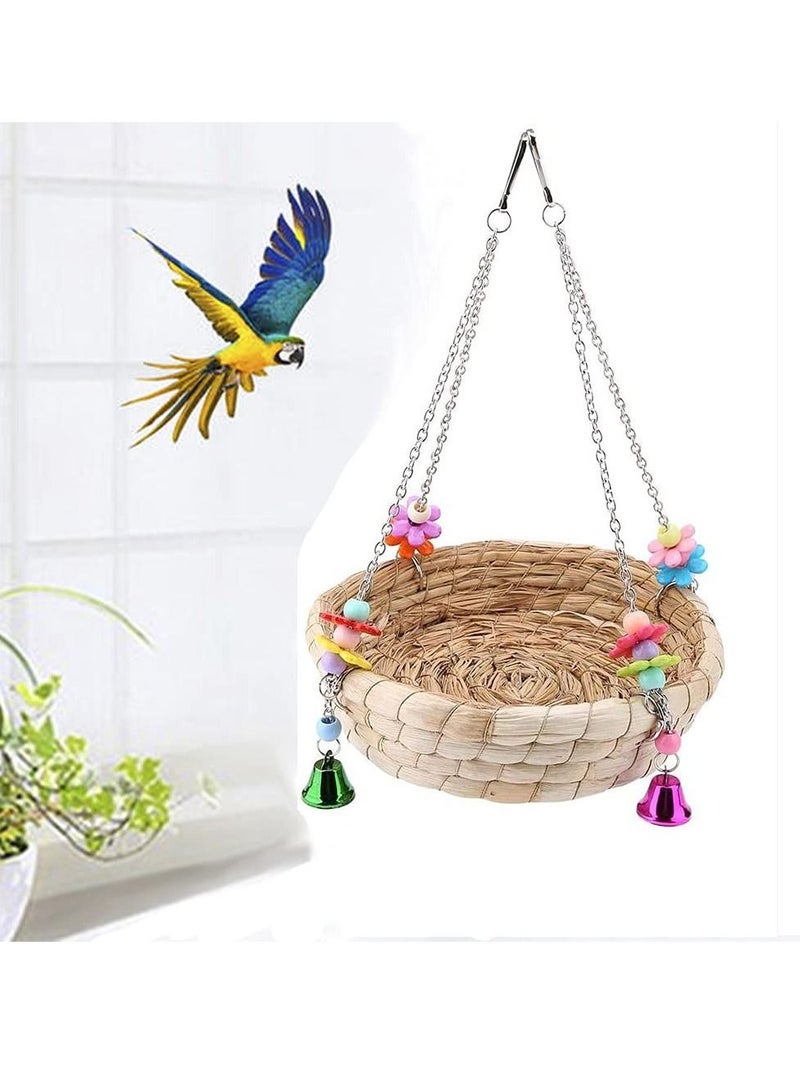 SYOSI لعبة طيور الببغاء، ألعاب مضغ الطيور، أرجوحة للطيور، لعبة عض للببغاء، ألعاب طيور مصنوعة يدويًا من القش مع 4 أجراس معدنية للببغاوات، الكوكاتيل، الكونور، المكاو، الببغاوات، الفينشات - Image 4