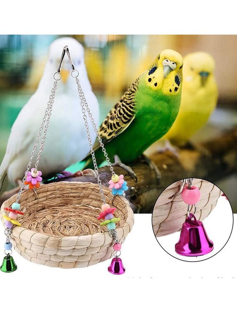 SYOSI لعبة طيور الببغاء، ألعاب مضغ الطيور، أرجوحة للطيور، لعبة عض للببغاء، ألعاب طيور مصنوعة يدويًا من القش مع 4 أجراس معدنية للببغاوات، الكوكاتيل، الكونور، المكاو، الببغاوات، الفينشات - Image 5