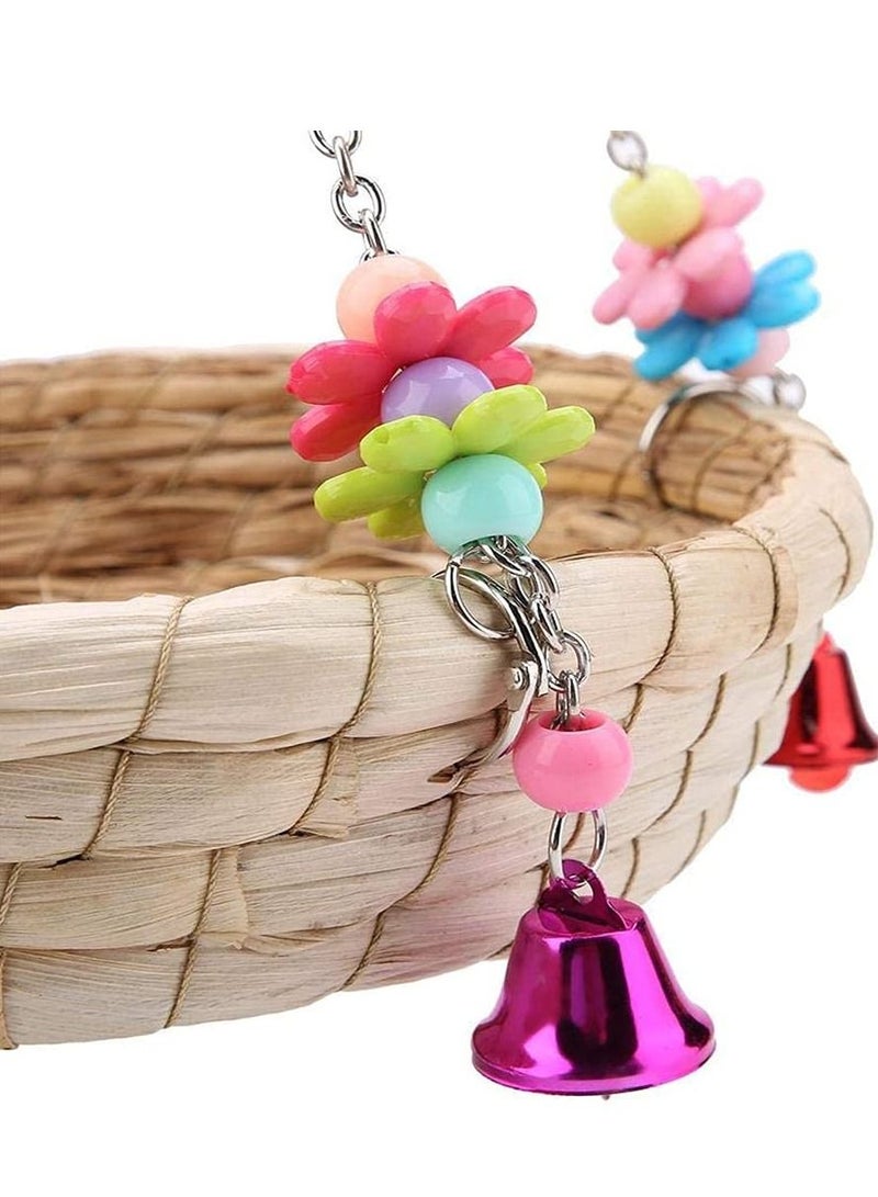 SYOSI لعبة طيور الببغاء، ألعاب مضغ الطيور، أرجوحة للطيور، لعبة عض للببغاء، ألعاب طيور مصنوعة يدويًا من القش مع 4 أجراس معدنية للببغاوات، الكوكاتيل، الكونور، المكاو، الببغاوات، الفينشات - Image 2