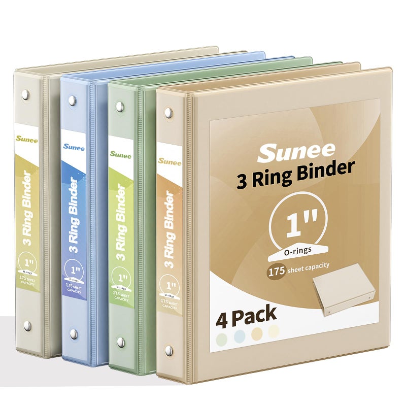 SUNEE 3 Ring Binder 1 Inch 4 Pack, Clear View Binder Three Ring PVC-Free (Fit 8.5x11 Inches) for School or Office Supplies, Neutral Aesthetic - Image 1