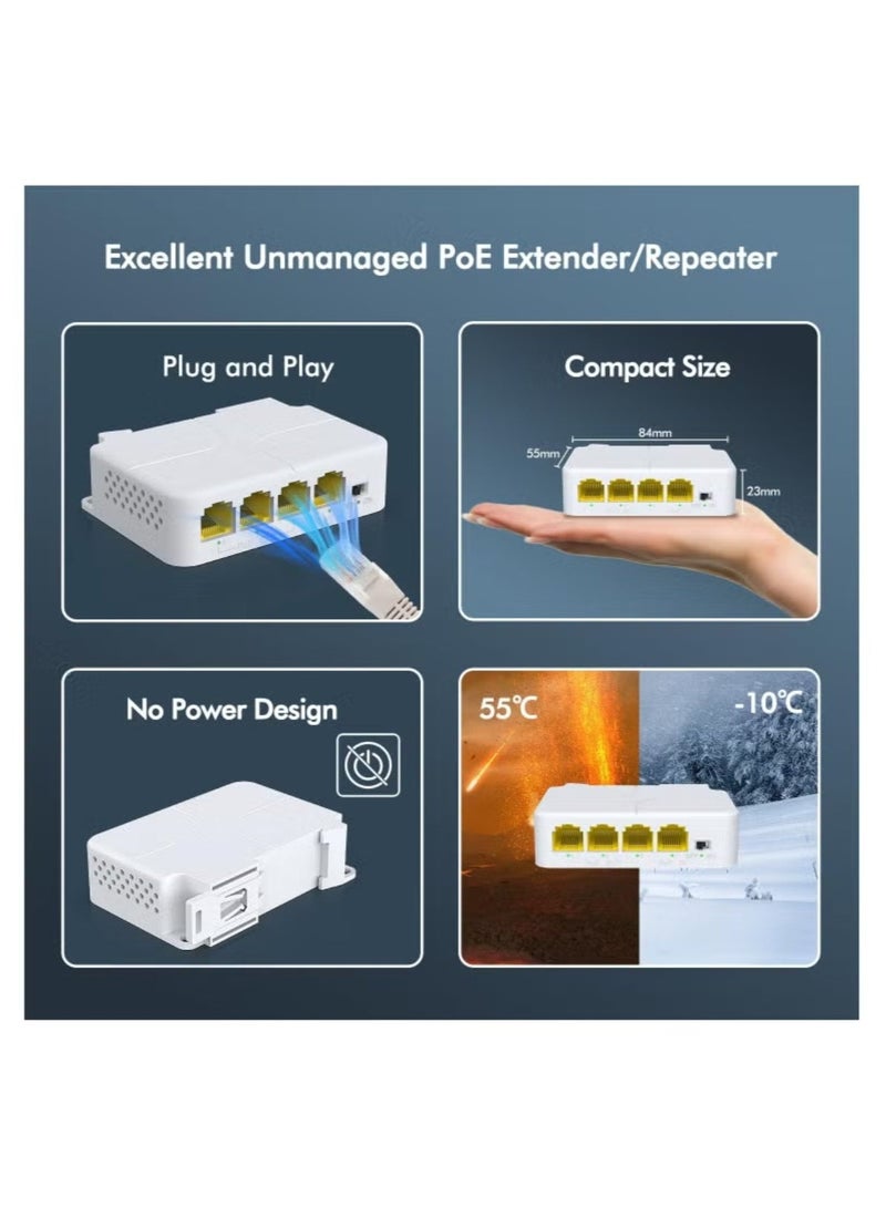 4-Port PoE Extender with Passthrough Switch, 3 PoE Outputs, IEEE 802.3af/at, VLAN Support, Wall & Din Rail Mount, Plug and Play PoE Booster/Amplifier - Image 2