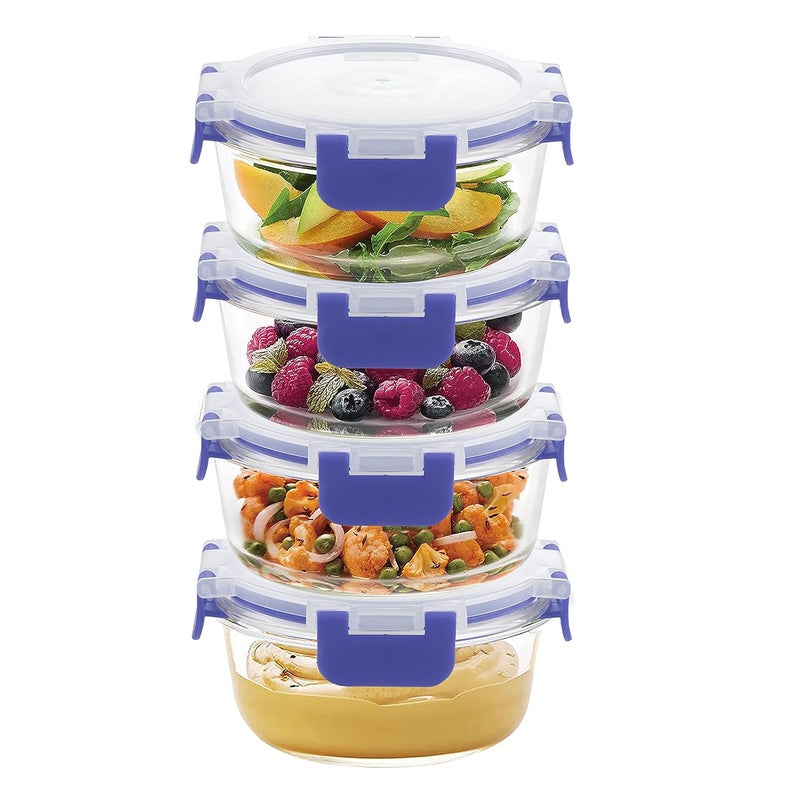 Cutting EDGE Borosilicate Glass Container with Lid Safe Lock Round Glass Food Container Microwave Safe for Kitchen Blue 400ml Set of 4 - Image 1