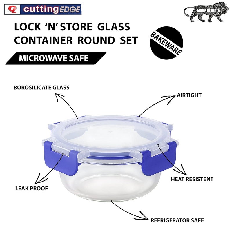 Cutting EDGE Borosilicate Glass Container with Lid Safe Lock Round Glass Food Container Microwave Safe for Kitchen Blue 400ml Set of 4 - Image 2
