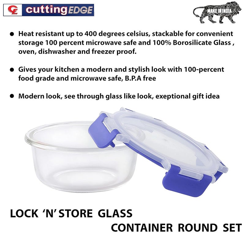 Cutting EDGE Borosilicate Glass Container with Lid Safe Lock Round Glass Food Container Microwave Safe for Kitchen Blue 400ml Set of 4 - Image 3