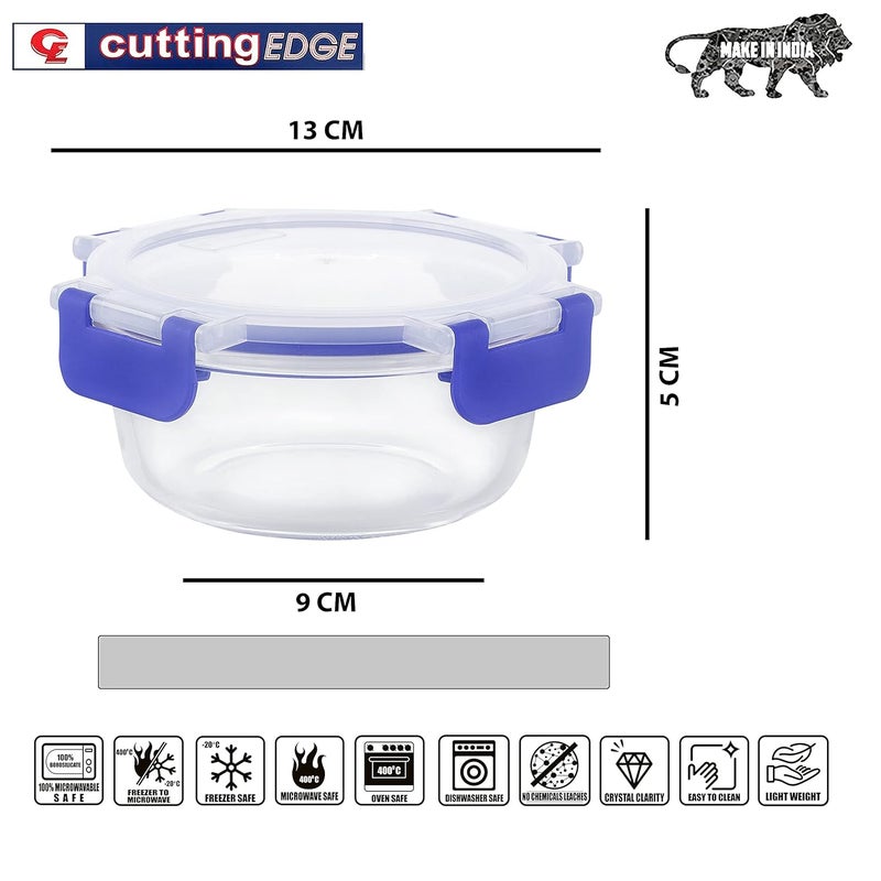 Cutting EDGE Borosilicate Glass Container with Lid Safe Lock Round Glass Food Container Microwave Safe for Kitchen Blue 400ml Set of 4 - Image 4