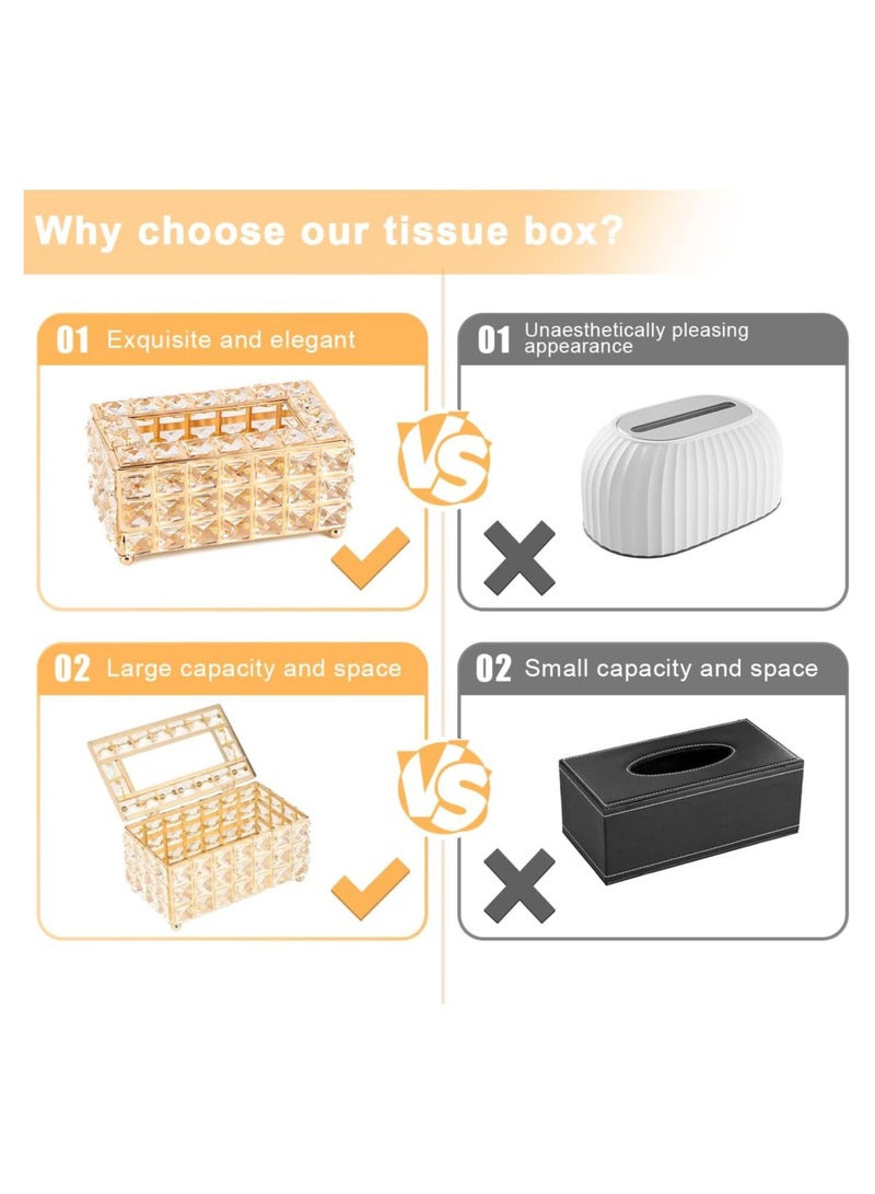 Crystal Tissue Box Cover  Facial Napkin Container Tabletop Tissue Holder Case Napkin Dispenser Holder Rectangular Facial Tissue Holder for Countertop Night Stand Bathroom Desk Dinning Table Gold  - Image 4