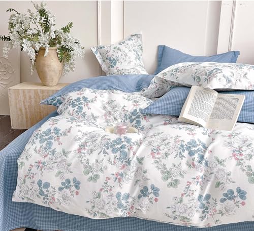 ALEISSEL French Country 100 Natural Cotton Duvet Cover Sets 3Pcs Delicate Pastel Floral Print on White with Soft Blue Mini Check Reverse Neutral Bedding Set with Button ClosureQueen9090 - Image 1