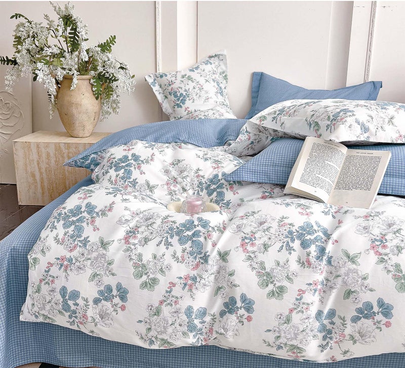 ALEISSEL French Country 100 Natural Cotton Duvet Cover Sets 3Pcs Delicate Pastel Floral Print on White with Soft Blue Mini Check Reverse Neutral Bedding Set with Button ClosureQueen9090 - Image 2