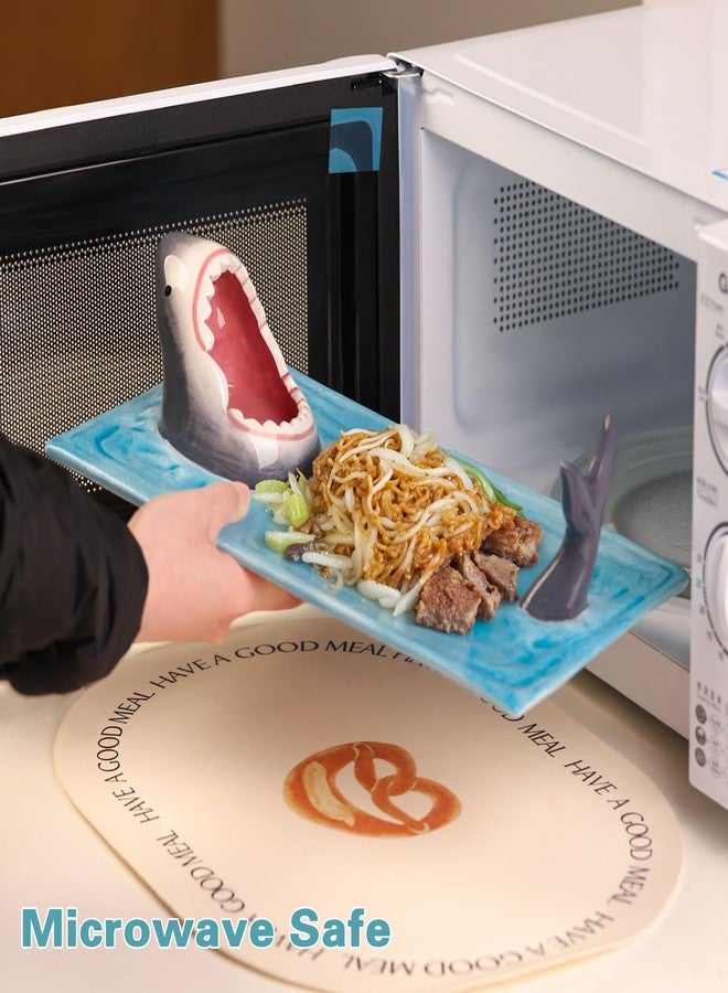Glazery Light Blue Ceramic Shark Plate, Shark Sushi Plates, Funny Handmade Kitchen Salad Plates with Dipping Sauce Bowl, Microwave/Oven/Dishwasher Safe Plates, Holiday Birthday Gifts for Shark Party Lovers - Image 5