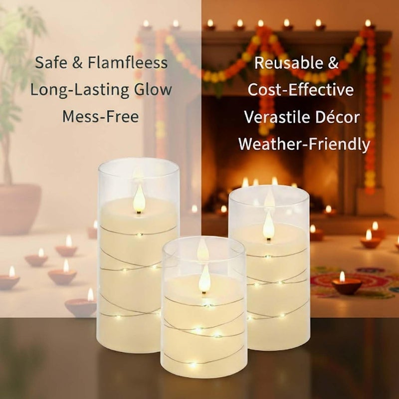 Go Hooked شموع عمودية LED أكريليك - عبوة من 3 قطع - أضواء مؤقتة متلألئة بدون لهب لتزيين المنزل، بوجا، ديوالي وهدايا | أحجام مختلفة (صغيرة، متوسطة، كبيرة) | تعمل بالبطارية، خالية من الدخان - Image 5
