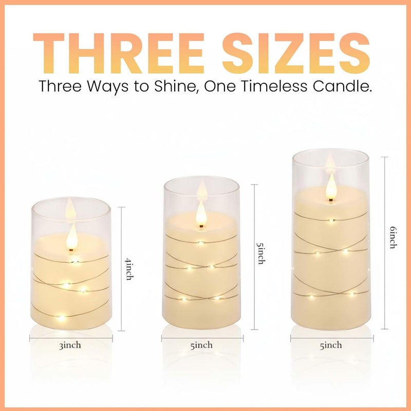 Go Hooked شموع عمودية LED أكريليك - عبوة من 3 قطع - أضواء مؤقتة متلألئة بدون لهب لتزيين المنزل، بوجا، ديوالي وهدايا | أحجام مختلفة (صغيرة، متوسطة، كبيرة) | تعمل بالبطارية، خالية من الدخان - Image 3