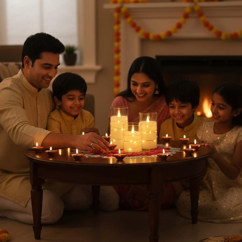 Go Hooked شموع عمودية LED أكريليك - عبوة من 3 قطع - أضواء مؤقتة متلألئة بدون لهب لتزيين المنزل، بوجا، ديوالي وهدايا | أحجام مختلفة (صغيرة، متوسطة، كبيرة) | تعمل بالبطارية، خالية من الدخان - Image 2