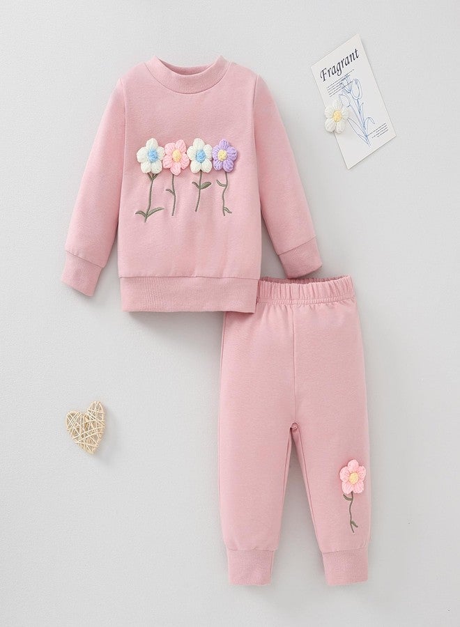 Twosya Toddler Girl Fall Winter Clothes Baby Crewneck Floral 3D Embroidery Sweatshirts Pants Set Long Sleeve Outfits Set - Image 2