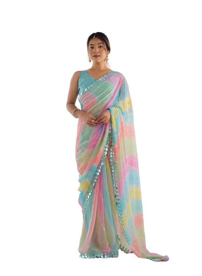 Florely Vibrant Georgette Saree with Prizm Print, Double Paper Mirror Border, and Unstitched Mono Bangalore Blouse Ideal for Festive Occasions and Family Functions - Image 1