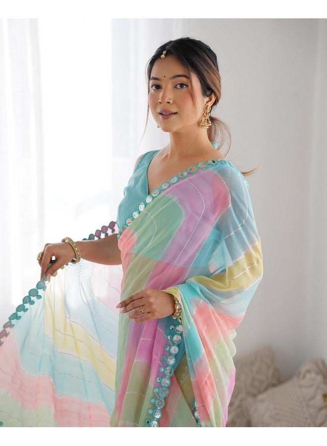 Florely Vibrant Georgette Saree with Prizm Print, Double Paper Mirror Border, and Unstitched Mono Bangalore Blouse Ideal for Festive Occasions and Family Functions - Image 4