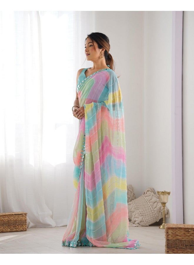 Florely Vibrant Georgette Saree with Prizm Print, Double Paper Mirror Border, and Unstitched Mono Bangalore Blouse Ideal for Festive Occasions and Family Functions - Image 5