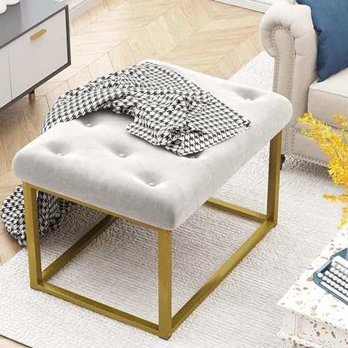Dence Store Rectangle Footrest, Modern Button Tufted Velvet Upholstered Vanity Stool with Golden Metal Frame, Multifunctional Sofa Stool-Beige - Image 1