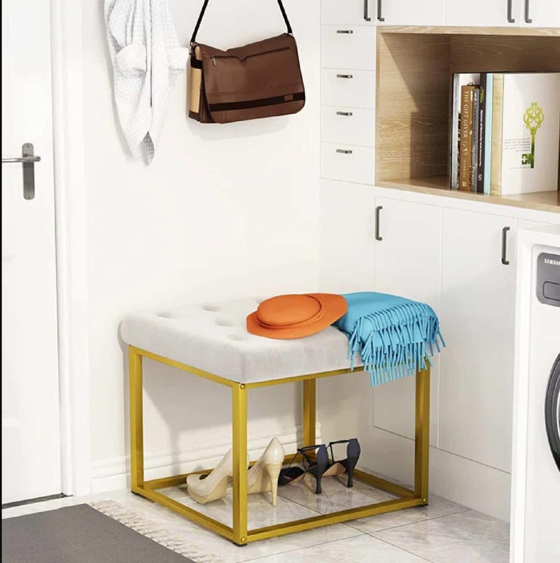 Dence Store Rectangle Footrest, Modern Button Tufted Velvet Upholstered Vanity Stool with Golden Metal Frame, Multifunctional Sofa Stool-Beige - Image 2