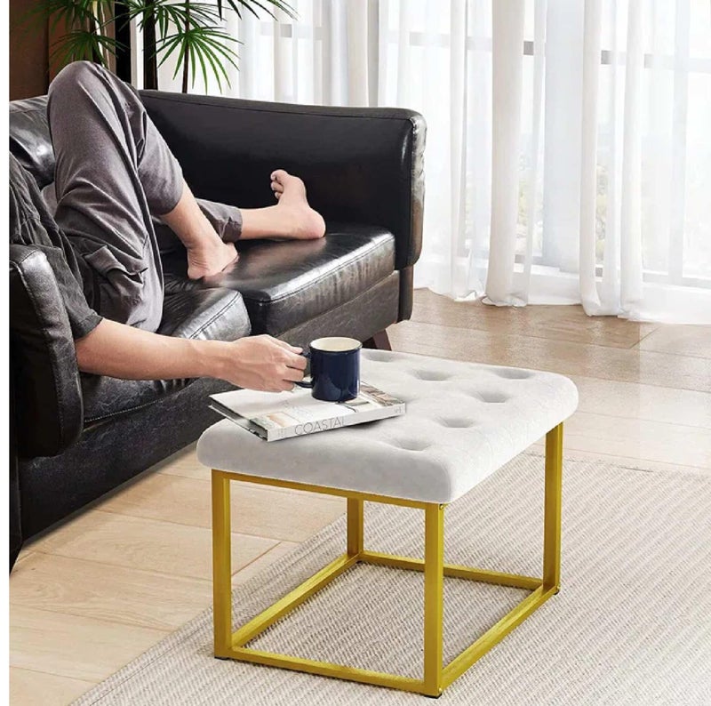 Dence Store Rectangle Footrest, Modern Button Tufted Velvet Upholstered Vanity Stool with Golden Metal Frame, Multifunctional Sofa Stool-Beige - Image 3