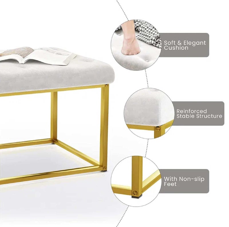 Dence Store Rectangle Footrest, Modern Button Tufted Velvet Upholstered Vanity Stool with Golden Metal Frame, Multifunctional Sofa Stool-Beige - Image 5
