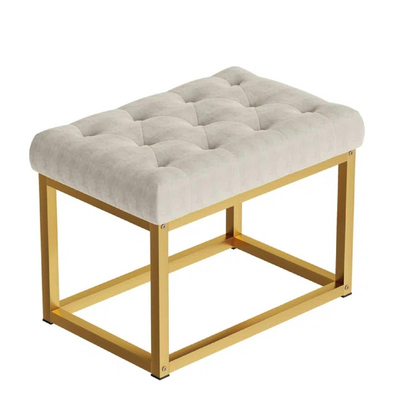 Dence Store Rectangle Footrest, Modern Button Tufted Velvet Upholstered Vanity Stool with Golden Metal Frame, Multifunctional Sofa Stool-Beige - Image 4