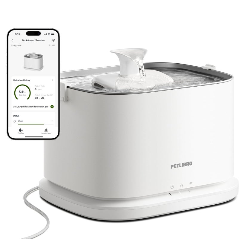 PETLIBRO Upgrade Cat Water Fountain Stainless Steel Tray, Dockstream 2 Cat Fountain Indoor, 3L/101oz Auto Cat Fountains for Drinking, App Monitoring Pet Water Fountain Dog, 5G WiFi Cat Water Dispenser - Image 1