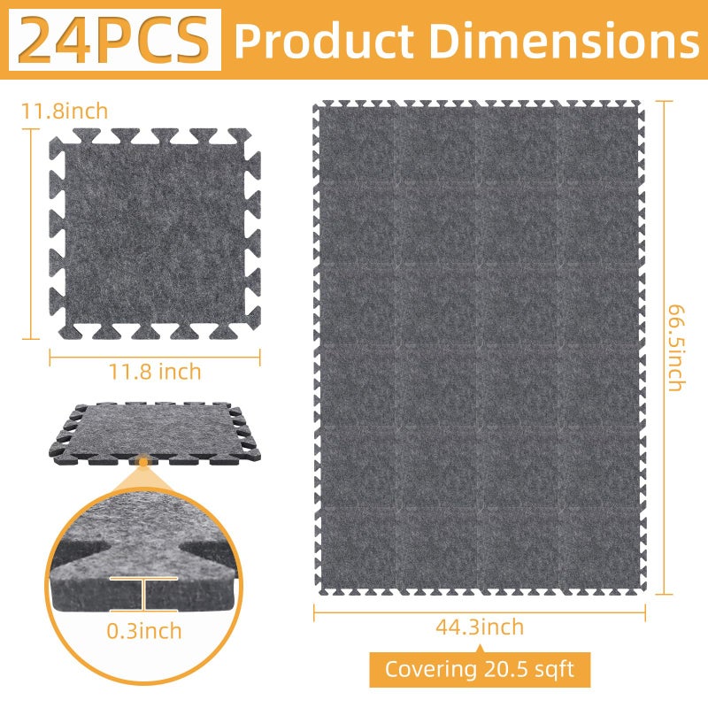 AiVeUao 24Pcs Sound Absorbing Interlocking Floor Mats, 11 x 11 x 0.3 Inch High Density Piano Carpet Drum Rug, Non-Slip Anti Vibration Soundproof Pads, Grey - Image 2