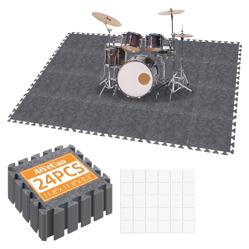 AiVeUao 24Pcs Sound Absorbing Interlocking Floor Mats, 11 x 11 x 0.3 Inch High Density Piano Carpet Drum Rug, Non-Slip Anti Vibration Soundproof Pads, Grey - Image 1