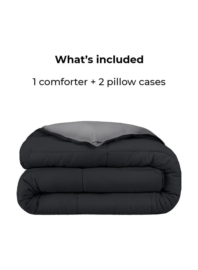 Home of linens 3Pcs Reversible Heavy Comforter Set - 3.6Kgs - Down Alternative Filling - (For Matress 160cm/180cm) - Size (230cm x 240cm) + 2 Pillow Case Covers (50cm x 70cm) - Black x Grey - Image 4