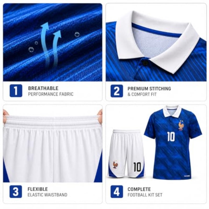 France Football Jersey Set for Youth and Men Short Sleeve Soccer Shirt and Shorts Breathable Sports Uniform for Match Polyester Fabric Black and Blue - Image 4