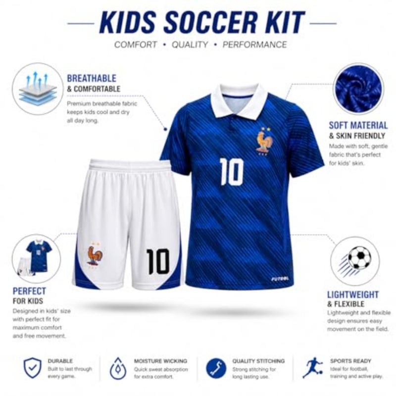 France Football Jersey Set for Youth and Men Short Sleeve Soccer Shirt and Shorts Breathable Sports Uniform for Match Polyester Fabric Black and Blue - Image 5