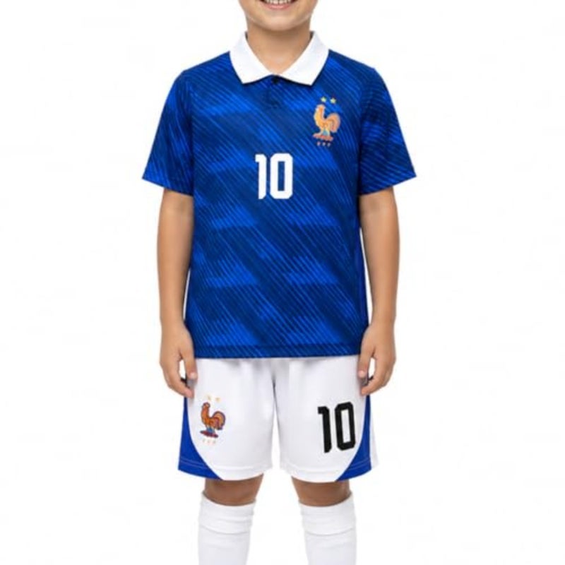 France Football Jersey Set for Youth and Men Short Sleeve Soccer Shirt and Shorts Breathable Sports Uniform for Match Polyester Fabric Black and Blue - Image 1