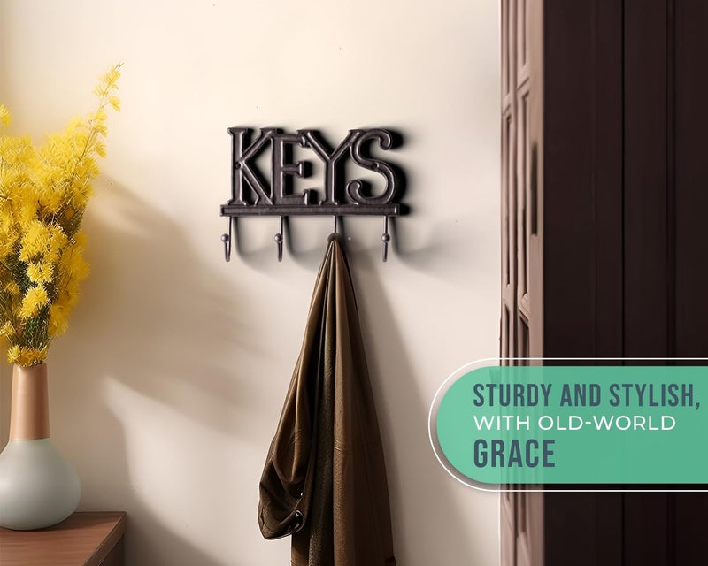 كومفيفي حامل مفاتيح مريح للجدار - منظم مفاتيح مثبت على الحائط الريفي من الحديد الزهر - 4 خطافات للمفاتيح - رف مفاتيح عتيق للمدخل مع مسامير ومراسي - 6 × 8 - بني صدئ - Image 3