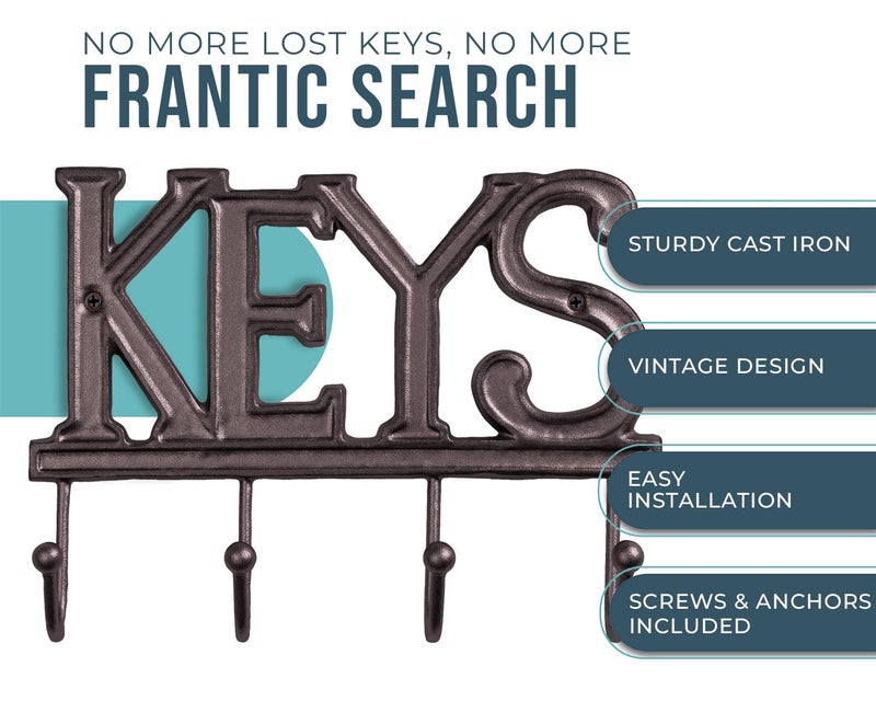 كومفيفي حامل مفاتيح مريح للجدار - منظم مفاتيح مثبت على الحائط الريفي من الحديد الزهر - 4 خطافات للمفاتيح - رف مفاتيح عتيق للمدخل مع مسامير ومراسي - 6 × 8 - بني صدئ - Image 2