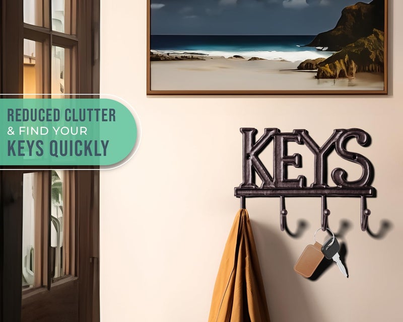 كومفيفي حامل مفاتيح مريح للجدار - منظم مفاتيح مثبت على الحائط الريفي من الحديد الزهر - 4 خطافات للمفاتيح - رف مفاتيح عتيق للمدخل مع مسامير ومراسي - 6 × 8 - بني صدئ - Image 4