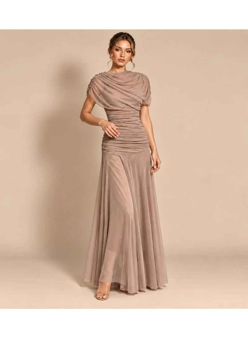 2Trendy Women's Mocha Maxi Dress with Ruched Bodice, Sheer Flared Skirt and Short Sleeves