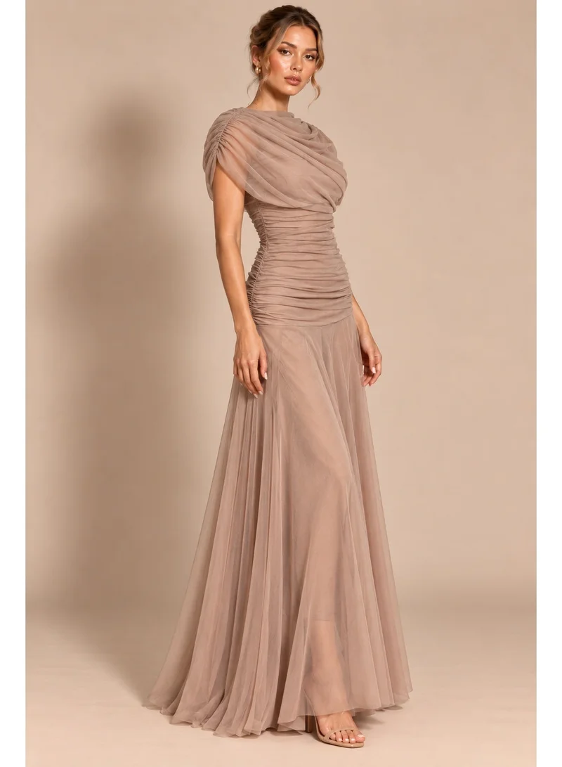 2Trendy Women's Mocha Maxi Dress with Ruched Bodice, Sheer Flared Skirt and Short Sleeves