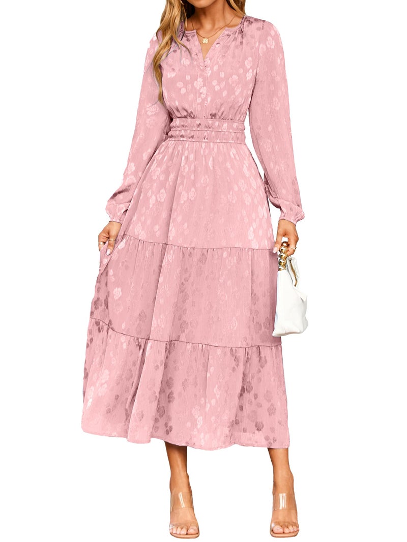 فستان بسيط للنساء بأكمام طويلة كاجوال أنيق للضيوف في حفلات الزفاف 2025 بتصميم ماكسي مزخرف بالزهور باللون الوردي الكبير