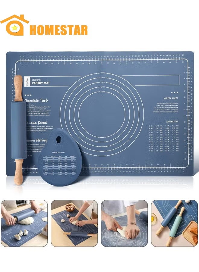 هومستر 3 قطع السيليكون الخبز حصيرة مع دبابيس المتداولة والكشط, الغذاء الصف قابلة لإعادة الاستخدام غير اللاصق المعجنات حصيرة, مقاومة الحرارة الجدول مكان حصيرة, الأزرق - Image 1