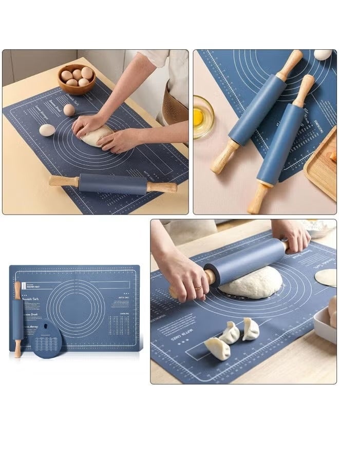 هومستر 3 قطع السيليكون الخبز حصيرة مع دبابيس المتداولة والكشط, الغذاء الصف قابلة لإعادة الاستخدام غير اللاصق المعجنات حصيرة, مقاومة الحرارة الجدول مكان حصيرة, الأزرق - Image 4