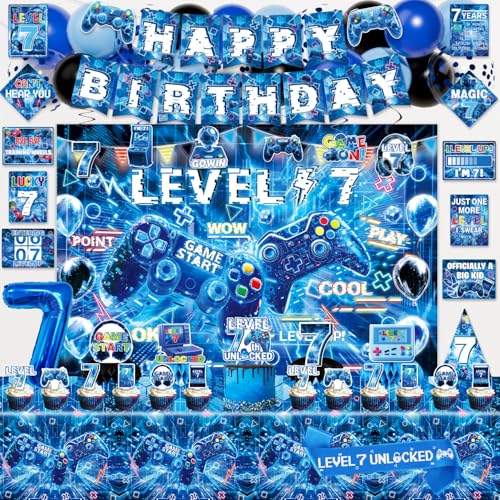 Mpanwen Gamer 7th Birthday Decorations for Boys Blue Video Game Level 7 Bday Party Decor Supplies for 7 Years Old Boy with Backdrop Banner Tablecloth Centerpieces Hanging Swirls Hat Wall Signs - Image 1
