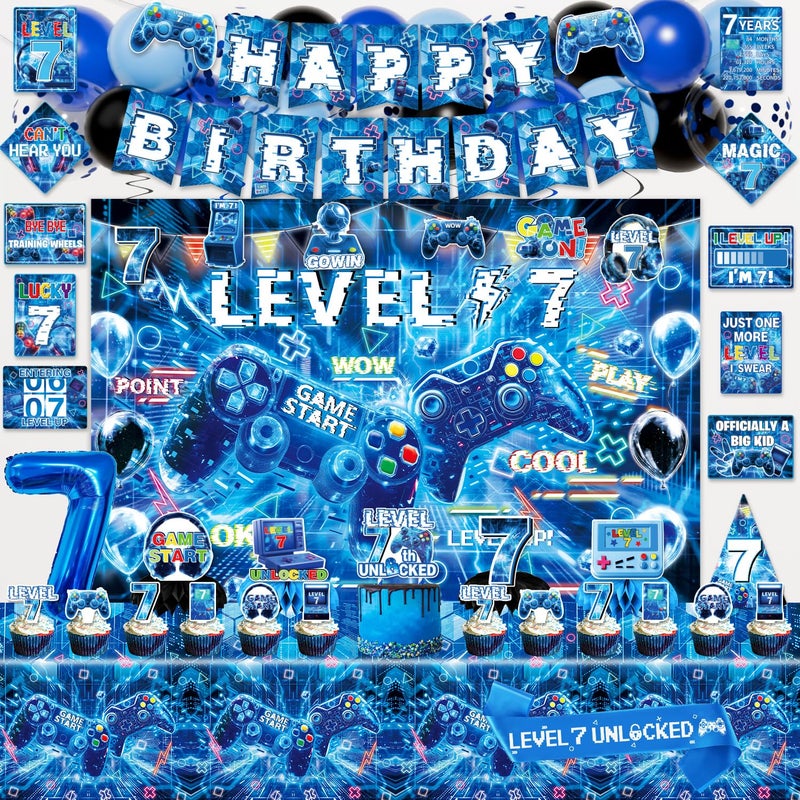 Mpanwen Gamer 7th Birthday Decorations for Boys Blue Video Game Level 7 Bday Party Decor Supplies for 7 Years Old Boy with Backdrop Banner Tablecloth Centerpieces Hanging Swirls Hat Wall Signs - Image 3
