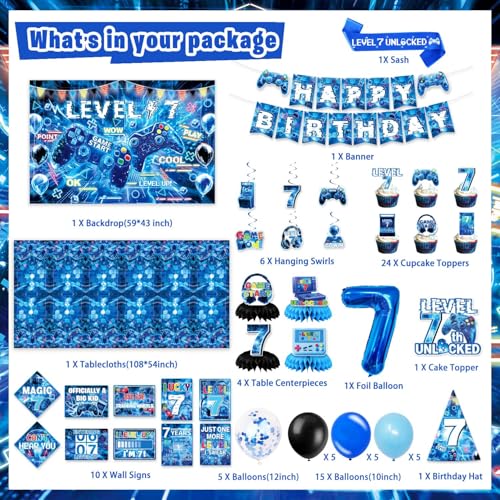 Mpanwen Gamer 7th Birthday Decorations for Boys Blue Video Game Level 7 Bday Party Decor Supplies for 7 Years Old Boy with Backdrop Banner Tablecloth Centerpieces Hanging Swirls Hat Wall Signs - Image 5
