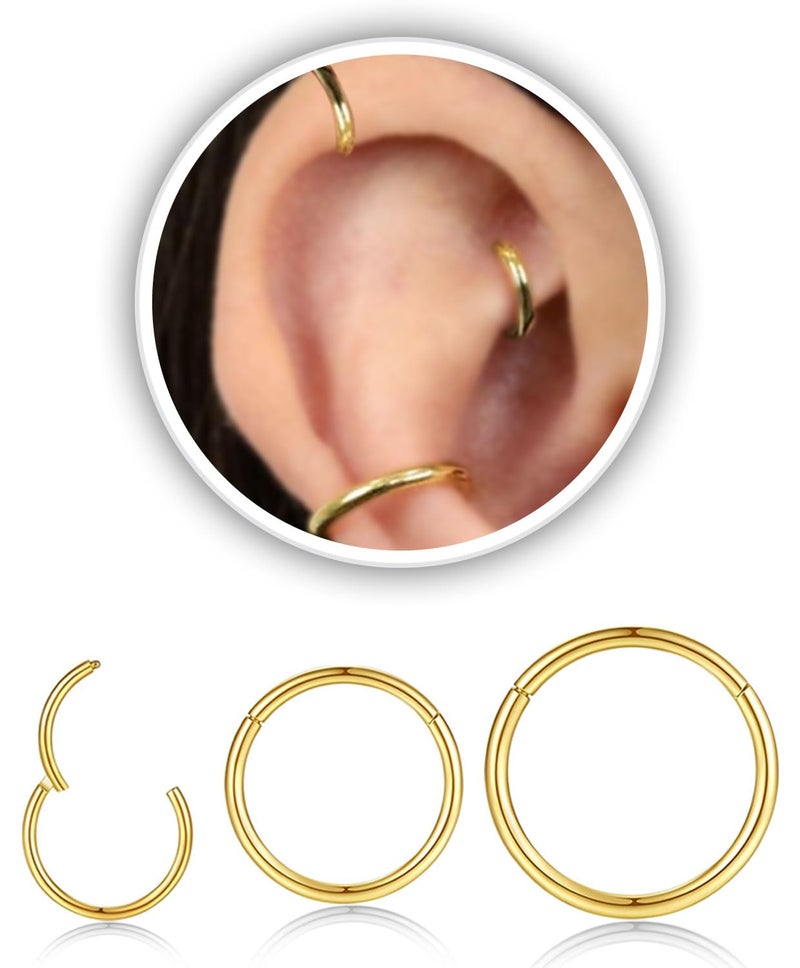AMASIS 3Pcs 16G Gold Nose Rings Hoop for Women Men,Hypoallergenic 316l Surgical Steel Hinged Clicker Segment Nose Rings Hoop Helix Cartilage Daith Tragus Sleeper Earrings Real Body Piercing Jewelry Diameter 6mm 8mm 10mm - Image 1