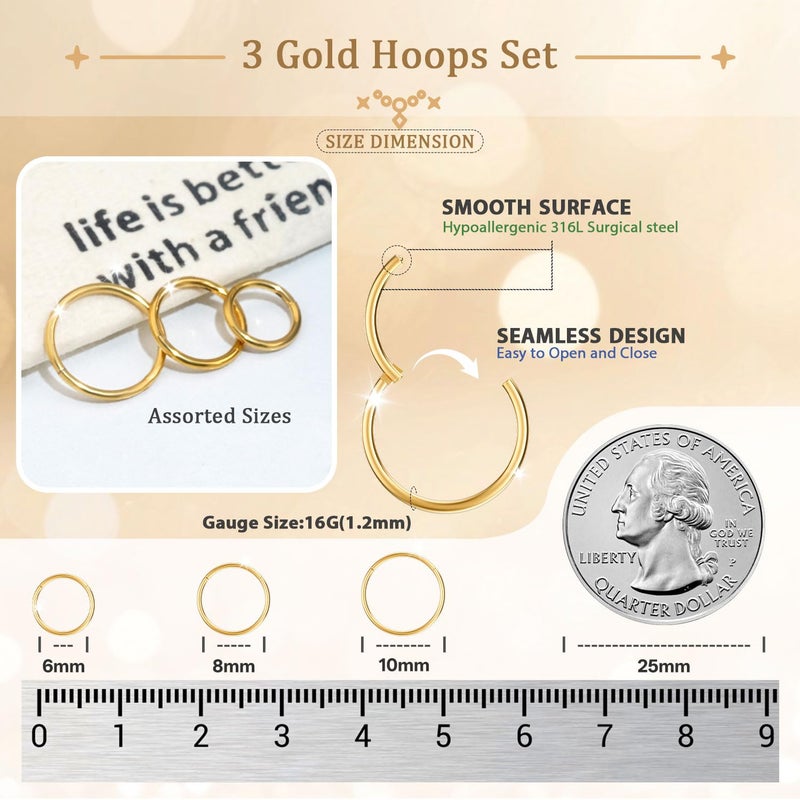 AMASIS 3Pcs 16G Gold Nose Rings Hoop for Women Men,Hypoallergenic 316l Surgical Steel Hinged Clicker Segment Nose Rings Hoop Helix Cartilage Daith Tragus Sleeper Earrings Real Body Piercing Jewelry Diameter 6mm 8mm 10mm - Image 2