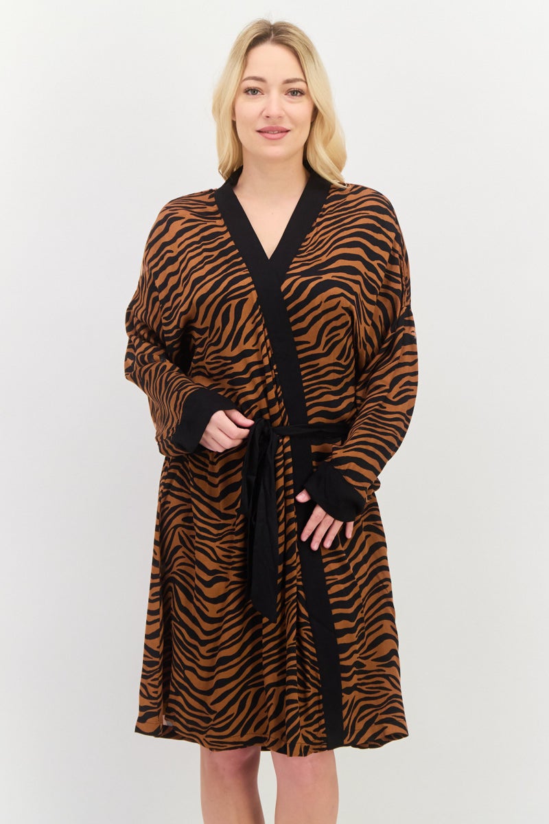 Marilyn Monroe Women Belted Tiger Pattern Night Robe, Multicolor - Image 1