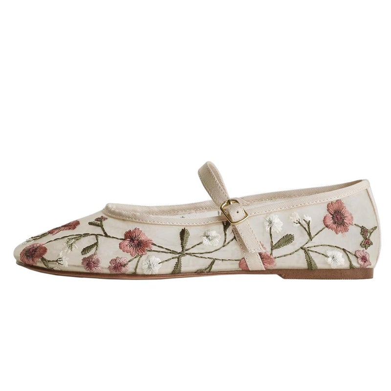 MRKEWUNEY Mesh Ballet Flats for Women Embroidered Floral Round Toe Mary Jane Flats Comfortable Ballerina Flats with Strap Apricot Size 40