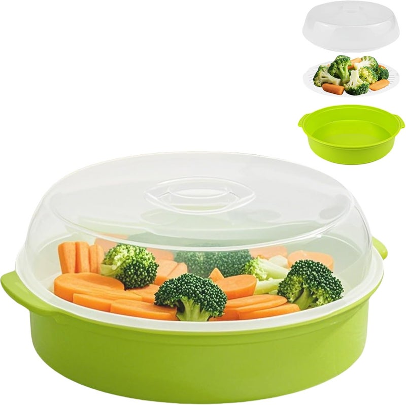 Bigwinyep Microwave Steamer for Vegetables, Plastic Microwave Vegetable Steamer with Lid for Vegetables Prep Seafood Fish Cooking, Green-Round, 10Inch - Image 1